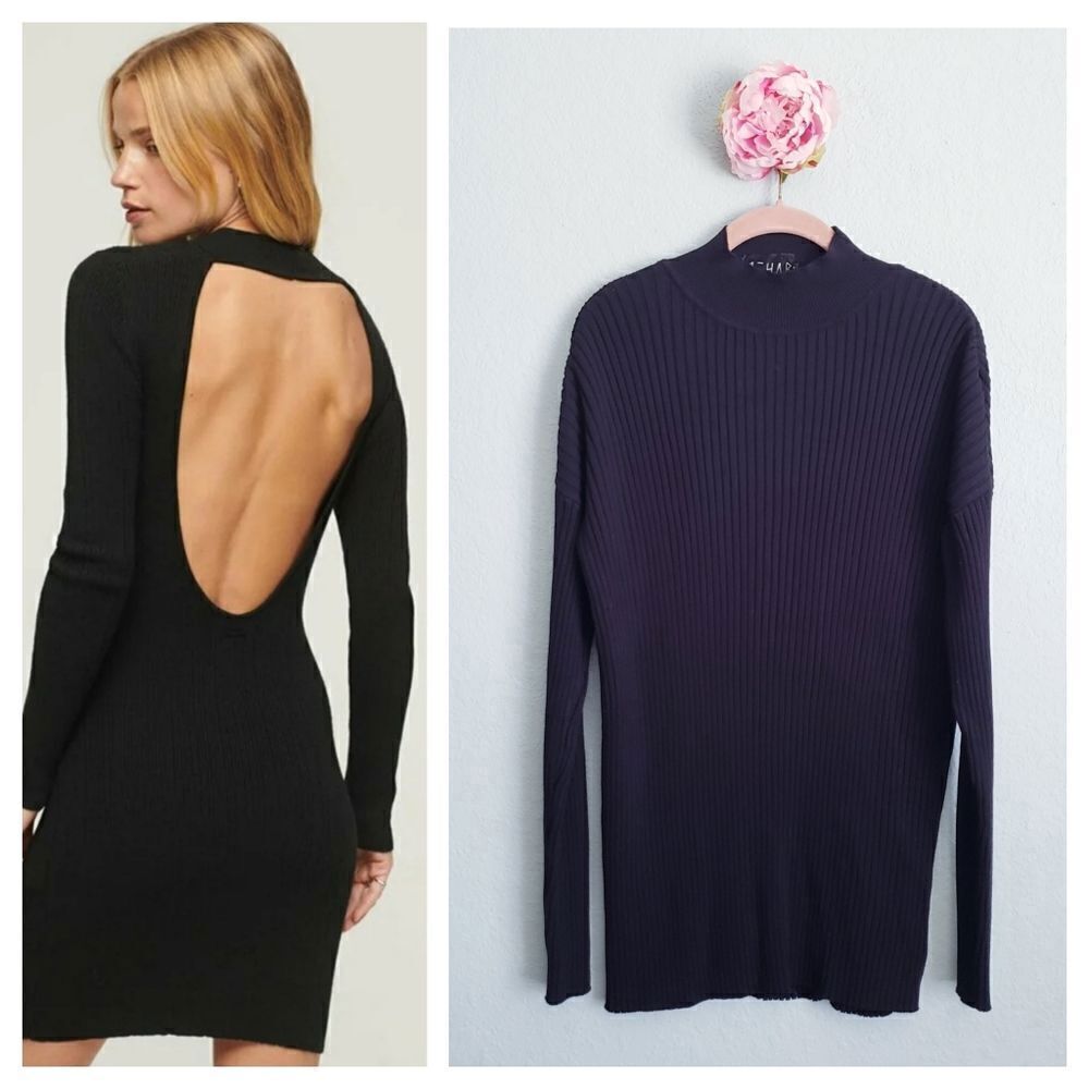 Rehab Black Long Sleeve Ribbed Backless Bodycon Dress
